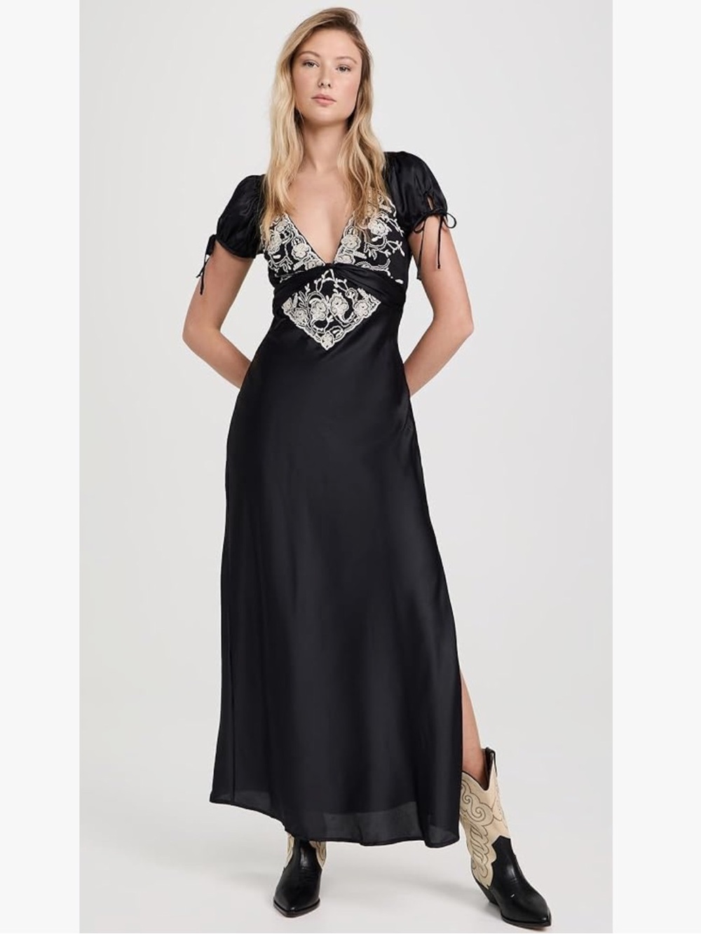 Free People Black Maxi Dress with White Embroidery